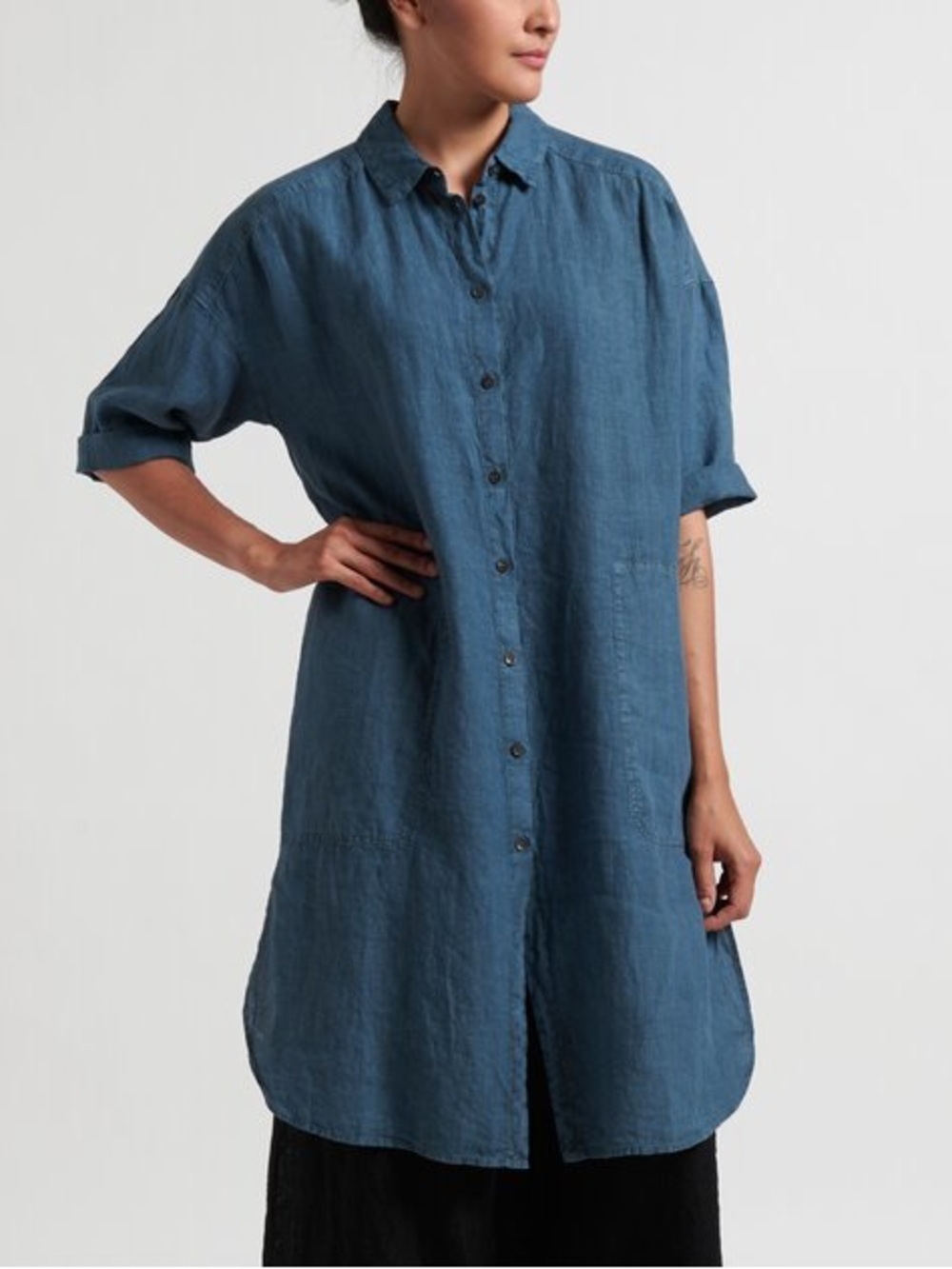 Oska Linen Elvina Shirt Button Front Midi Dress in River Blue Size 1 Medium